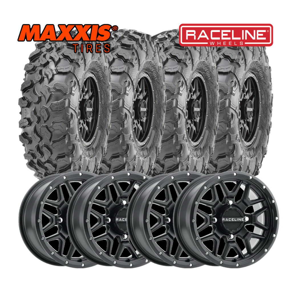 Raceline Krank 15" Wheels Black W/ 35" Carnivore Tires - Kawasaki KRX / Polaris Ranger Package
