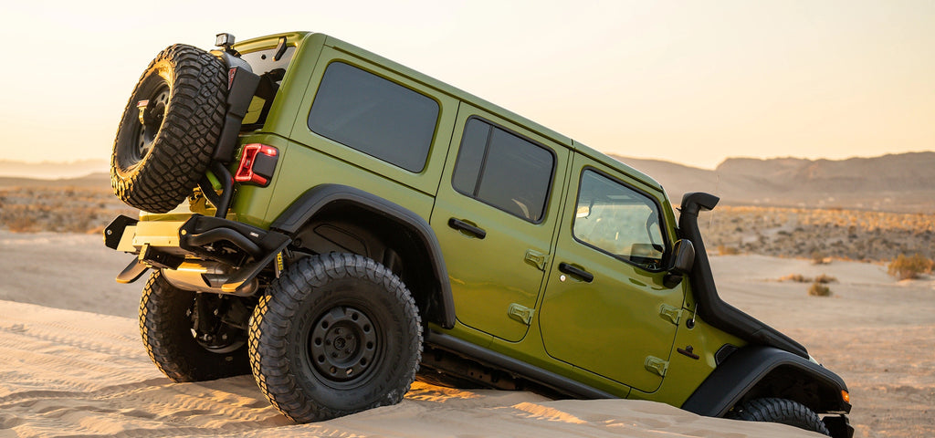 AEV REAR BUMPER & TIRE CARRIER HIGH FLARE RUBICON, WITH RUBICON SPLASH GAURDS< AND GASOLINE FUEL CADDY, W/ AUX LIGHT MOUNT KIT